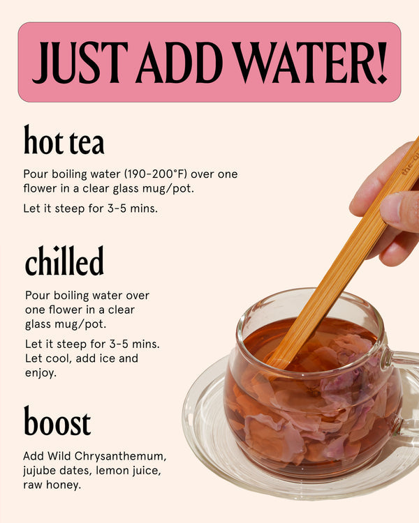 Instructional infographic for preparing Shangri-La Rose | The Qi tea, showing steps for hot tea, chilled tea, and a boost option with added ingredients, alongside a glass cup of rose tea being stirred with a wooden spoon.