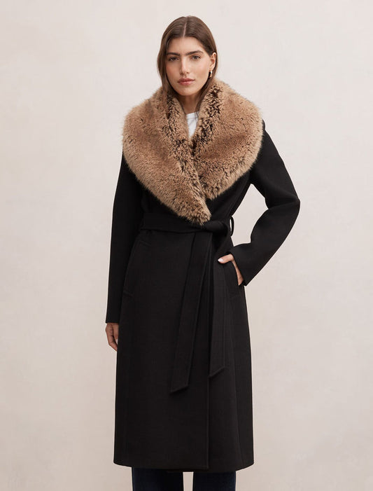 Shelby Faux Fur Collar Coat Black Camel Forever New
