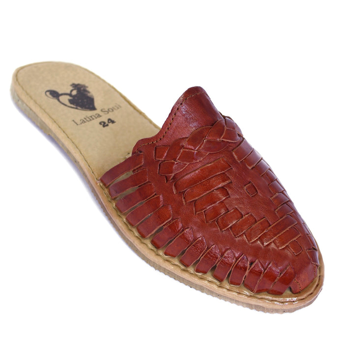 Women's handmade chestnut genuine leather huarache mule sandals featuring a traditional woven leather upper, backless slip-on design, cushioned leather footbed, flexible rubber outsole, and authentic Mexican artisan craftsmanship.