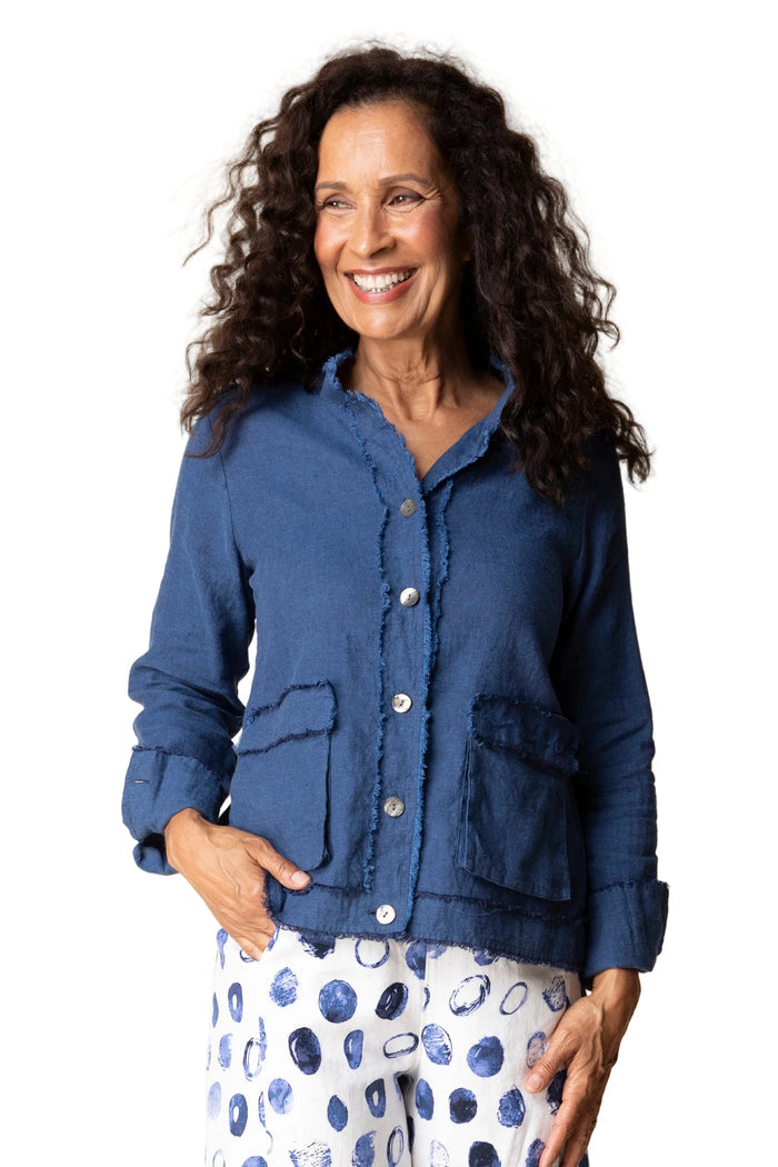 Soft Raw-Edge Linen Blend Button Front Jacket - 41552