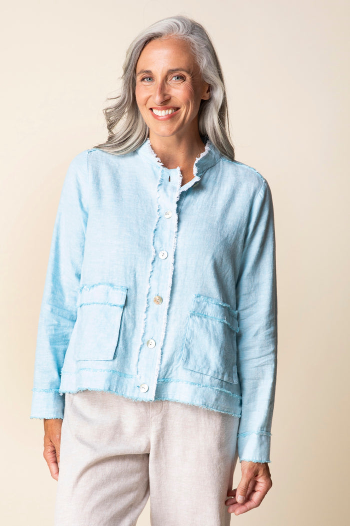 Soft Raw-Edge Linen Blend Button Front Jacket - 41552