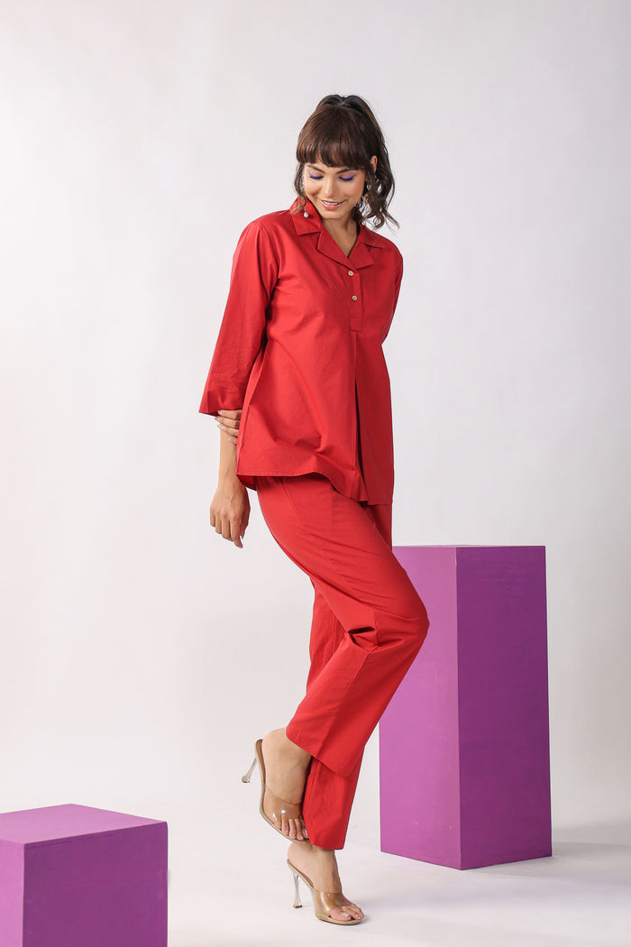 Solid Red Cotton Loungewear Top Set