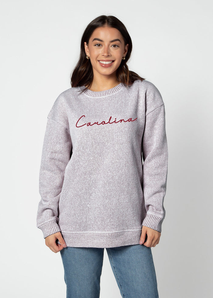 South Carolina Gamecocks Women's Merlot Relaxed, straight Yarn-dyed brushed fleece Sweatshirt with the look of sweater, the touch of a blanket, crew neckline and ribbed neck, cuffs and hem