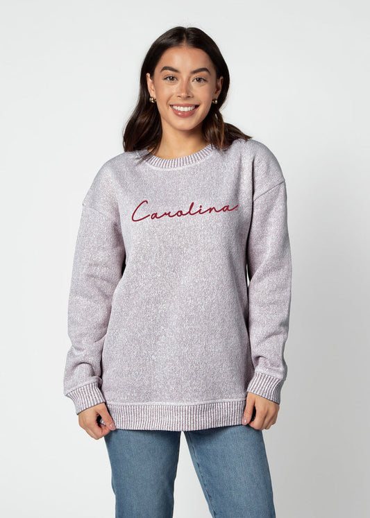 South Carolina Gamecocks Women's Merlot Relaxed, straight Yarn-dyed brushed fleece Sweatshirt with the look of sweater, the touch of a blanket, crew neckline and ribbed neck, cuffs and hem