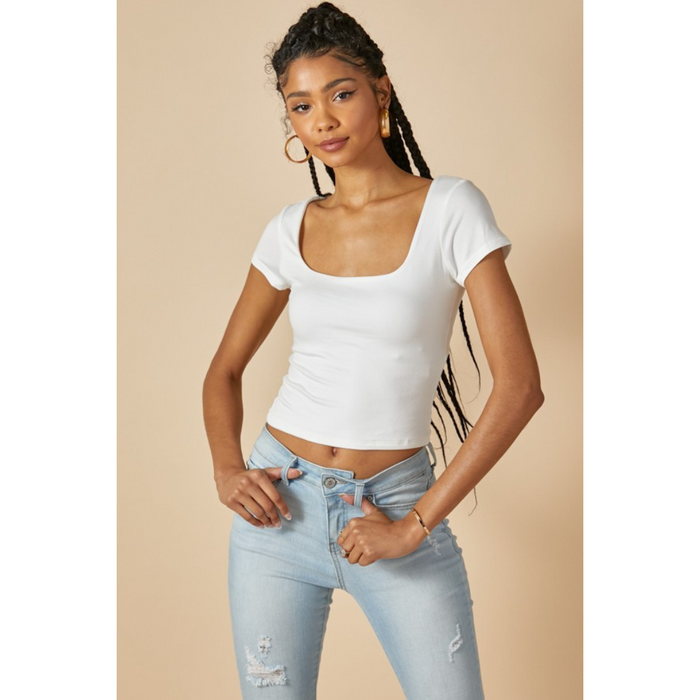 Square Neck Double Layered Cropped Tee - Soft White