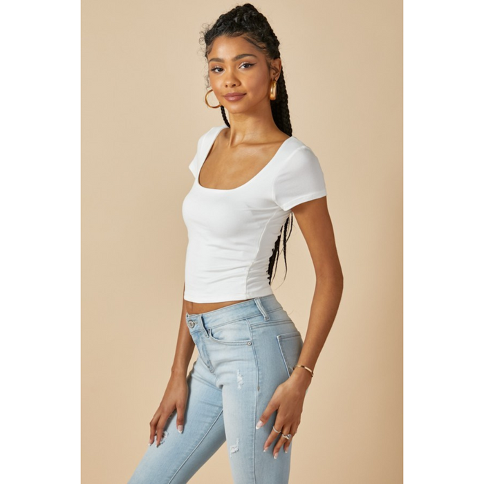 Square Neck Double Layered Cropped Tee - Soft White