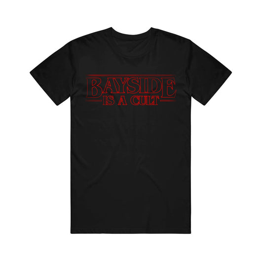 The Bayside black t-shirt features red, retro-style "BAYSIDE IS A CULT" text across the chest and is crafted from soft ring-spun cotton in a modern classic fit.