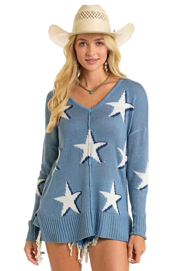 Star Print Sweater by Rock & Roll Denim in Cerulean