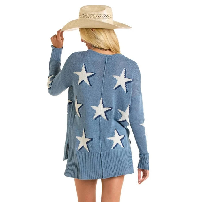 Star Print Sweater by Rock & Roll Denim in Cerulean
