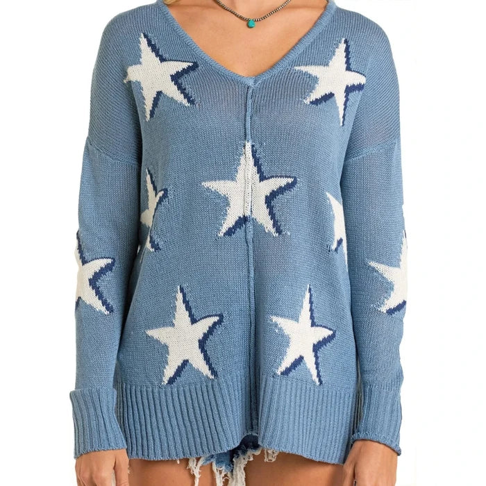 Star Print Sweater by Rock & Roll Denim in Cerulean