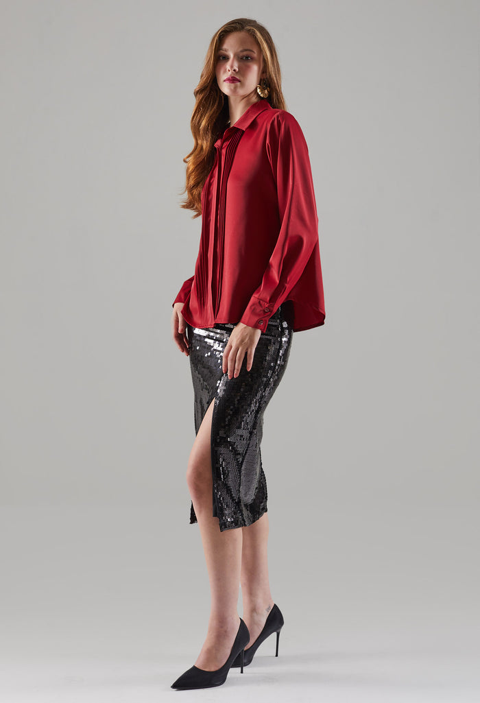 Stellar Pleated Chest Button-Up Blouse
