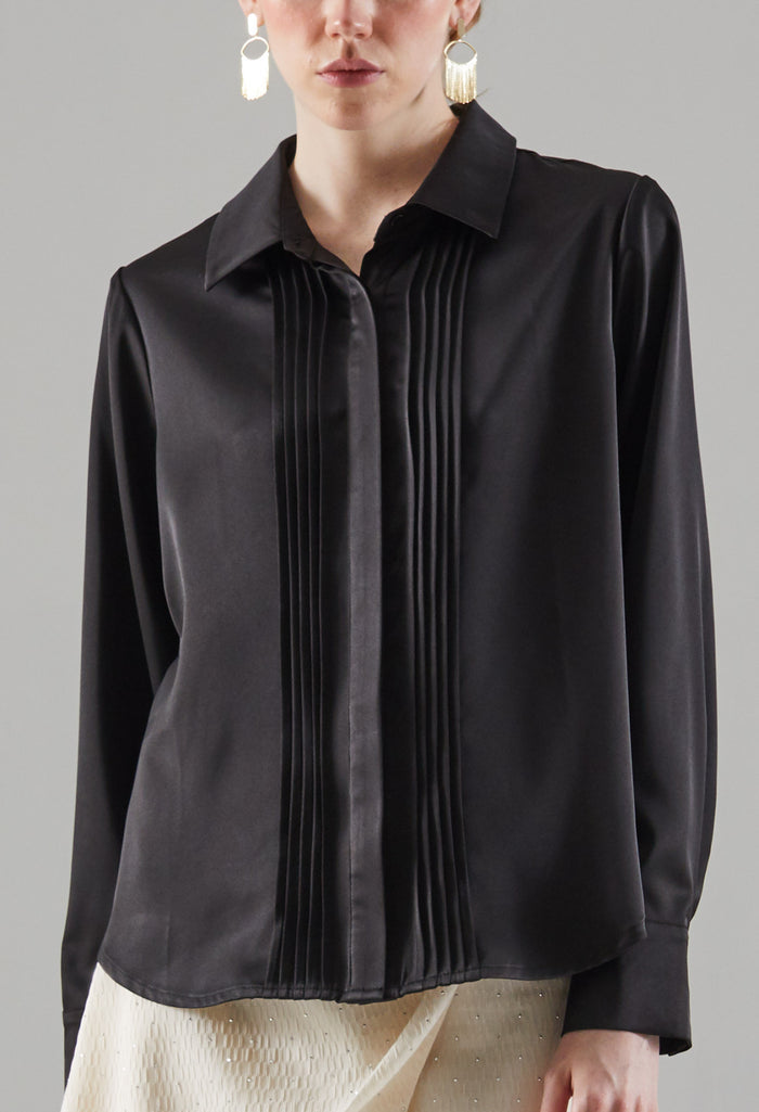 Stellar Pleated Chest Button-Up Blouse