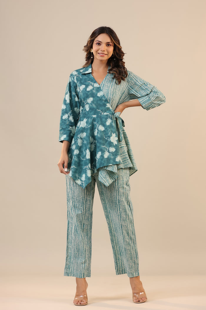 Stripes with Florals on Teal Knot Cotton Co-ord Set