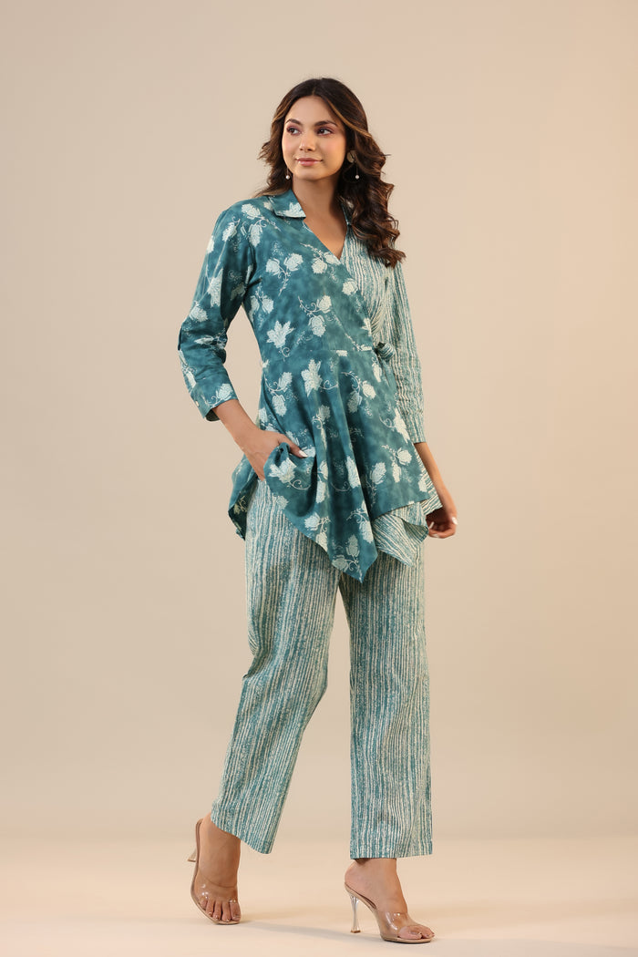 Stripes with Florals on Teal Knot Cotton Co-ord Set