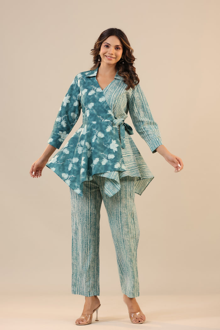Stripes with Florals on Teal Knot Cotton Co-ord Set