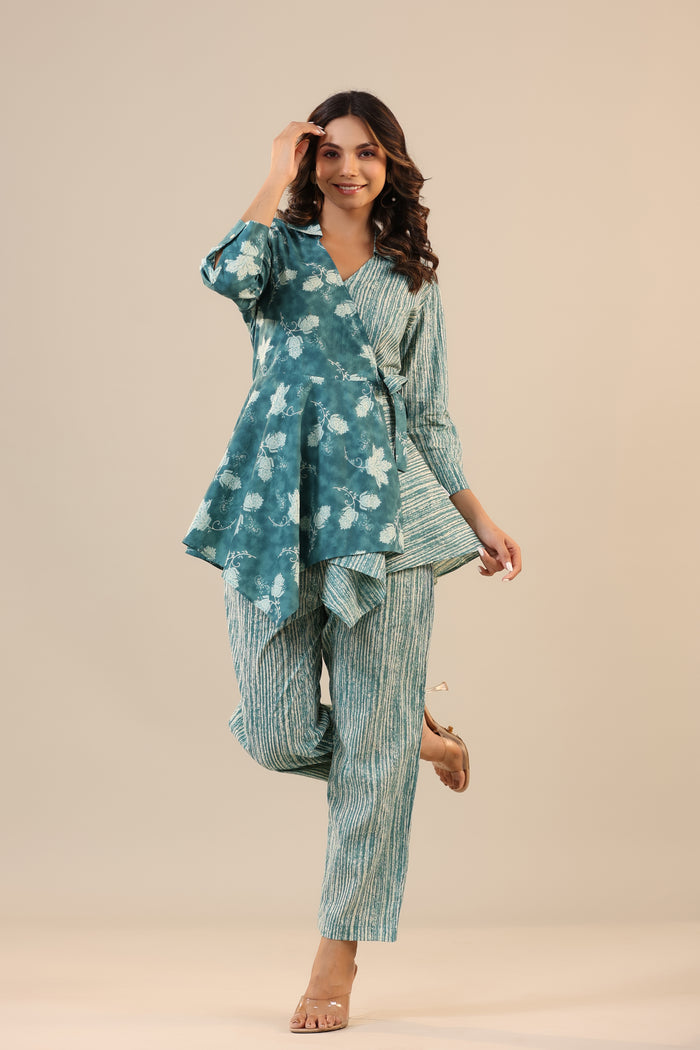 Stripes with Florals on Teal Knot Cotton Co-ord Set
