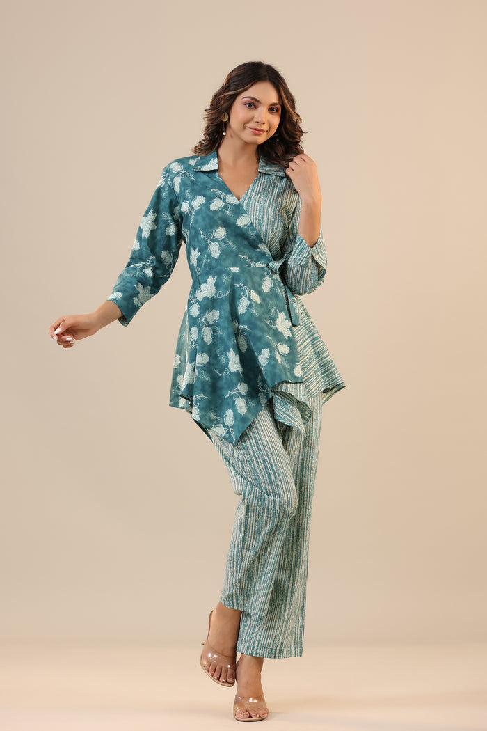 Stripes with Florals on Teal Knot Cotton Co-ord Set