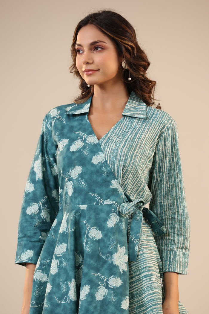 Stripes with Florals on Teal Knot Cotton Co-ord Set