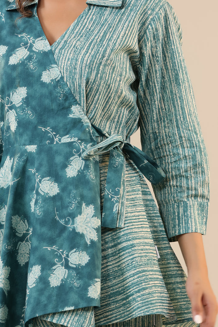 Stripes with Florals on Teal Knot Cotton Co-ord Set
