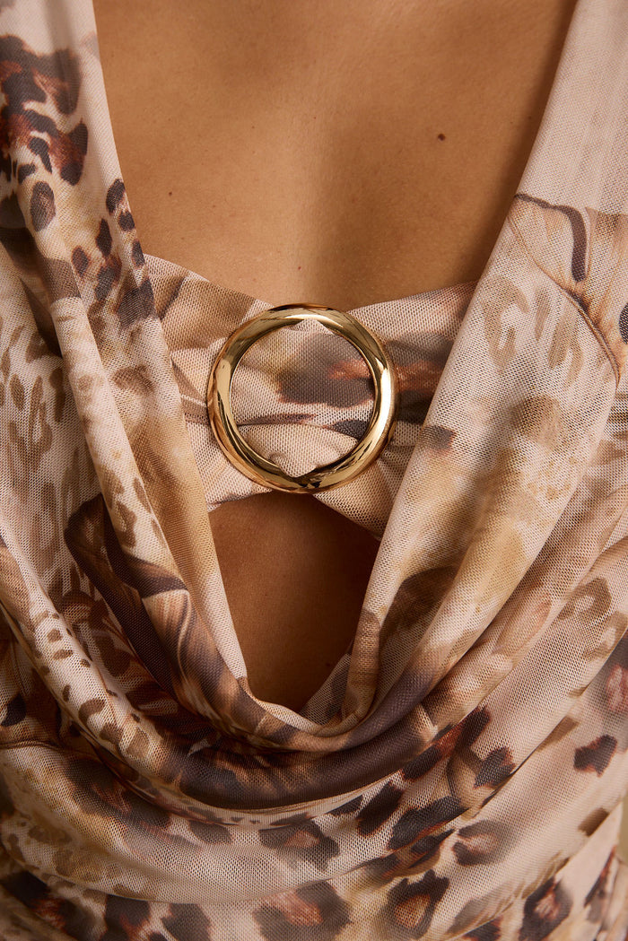 Sundown Animal Cowl Neck Blouse paired with complementary accessories for a polished look.