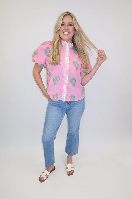 Sweet Talk Pink Embroidered Stripe Puff Sleeve Top - The Pink Tulip Clothing