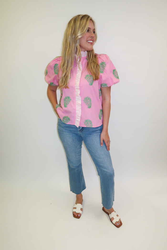 Sweet Talk Pink Embroidered Stripe Puff Sleeve Top - The Pink Tulip Clothing