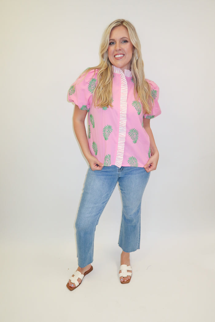 Sweet Talk Pink Embroidered Stripe Puff Sleeve Top - The Pink Tulip Clothing