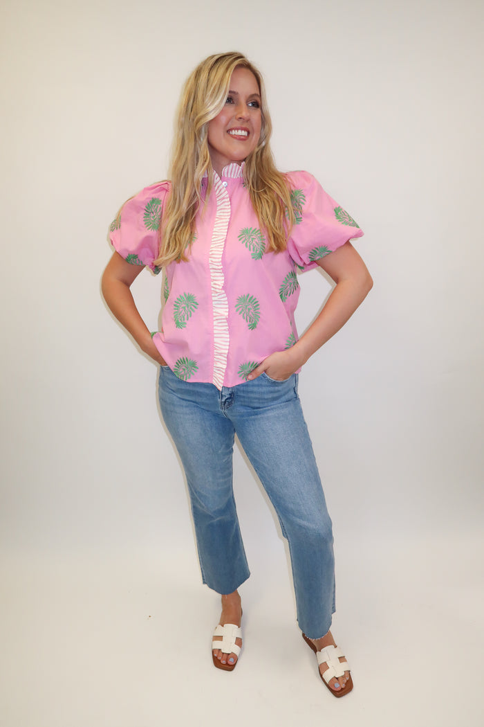 Sweet Talk Pink Embroidered Stripe Puff Sleeve Top - The Pink Tulip Clothing