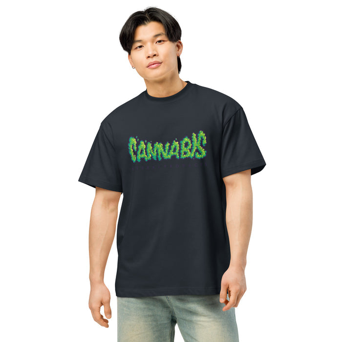 T-shirt boxy homme Bleu Marine face - imprimé graffiti Cannabis Natural Product sur la poitrine