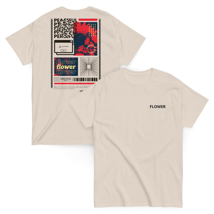 T-shirt Classique Peaceful Flower Collage Beige Clair - collage streetwear à la poitrine et imprimé Flower au dos