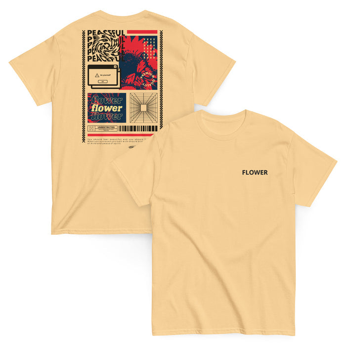 T-shirt Classique Peaceful Flower Collage Jaune Brume - collage streetwear à la poitrine et imprimé Flower au dos