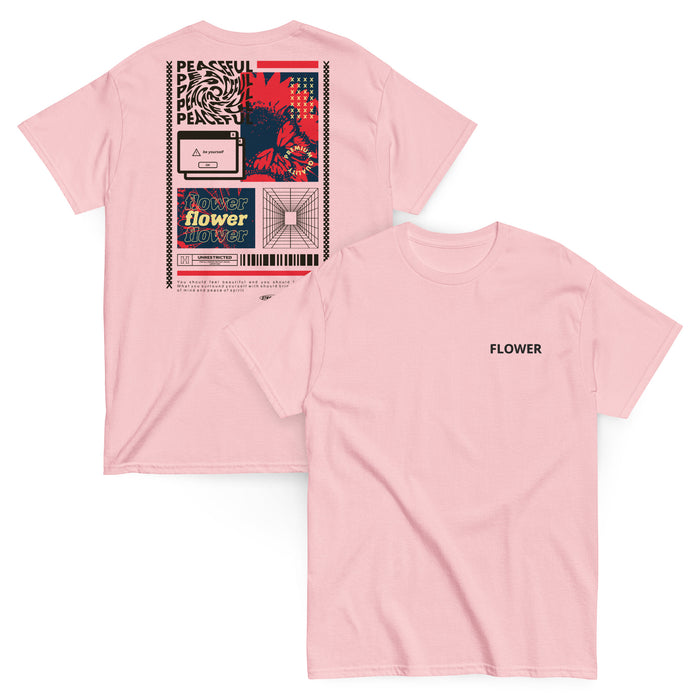 T-shirt Classique Peaceful Flower Collage Rose Clair - collage streetwear à la poitrine et imprimé Flower au dos