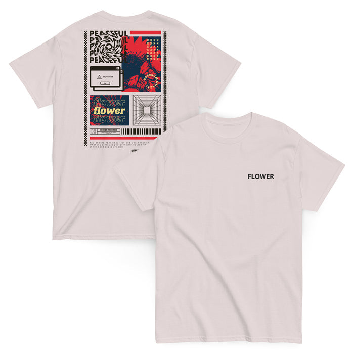 T-shirt Classique Peaceful Flower Collage Gris Givré - collage streetwear à la poitrine et imprimé Flower au dos
