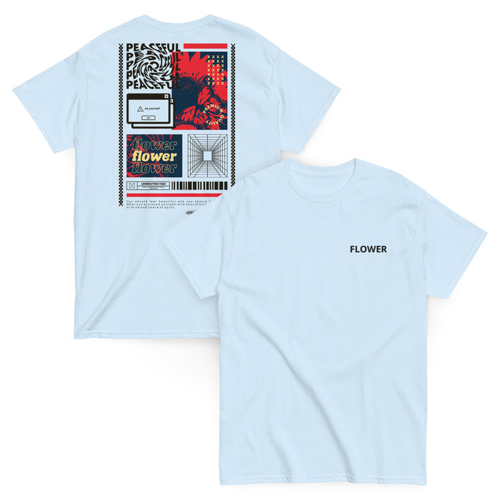 T-shirt Classique Peaceful Flower Collage Bleu Clair - collage streetwear à la poitrine et imprimé Flower au dos