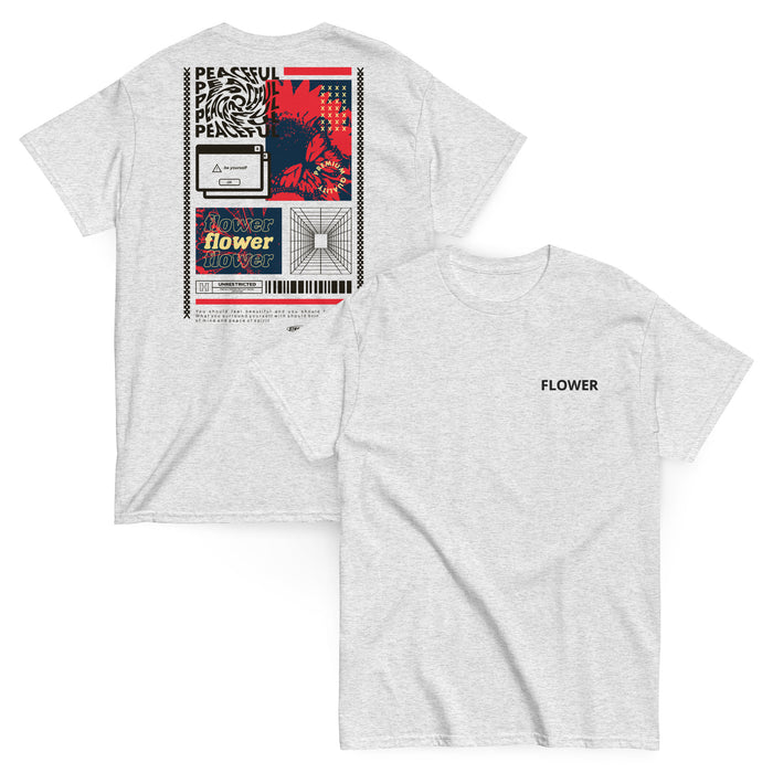 T-shirt Classique Peaceful Flower Collage Gris Pinchard - collage streetwear à la poitrine et imprimé Flower au dos