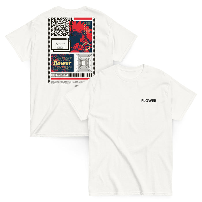T-shirt Classique Peaceful Flower Collage Blanc - collage streetwear à la poitrine et imprimé Flower au dos