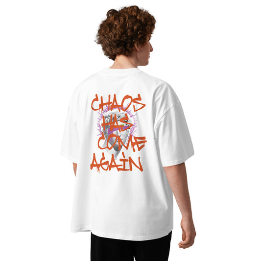 T-shirt col montant Chaos Has Come Again Blanc vue de dos - grand imprimé streetwear au dos