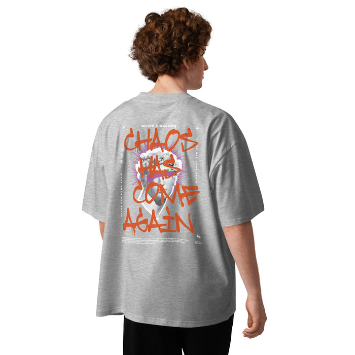 T-shirt col montant Chaos Has Come Again Gris Chiné vue de dos - grand imprimé streetwear au dos