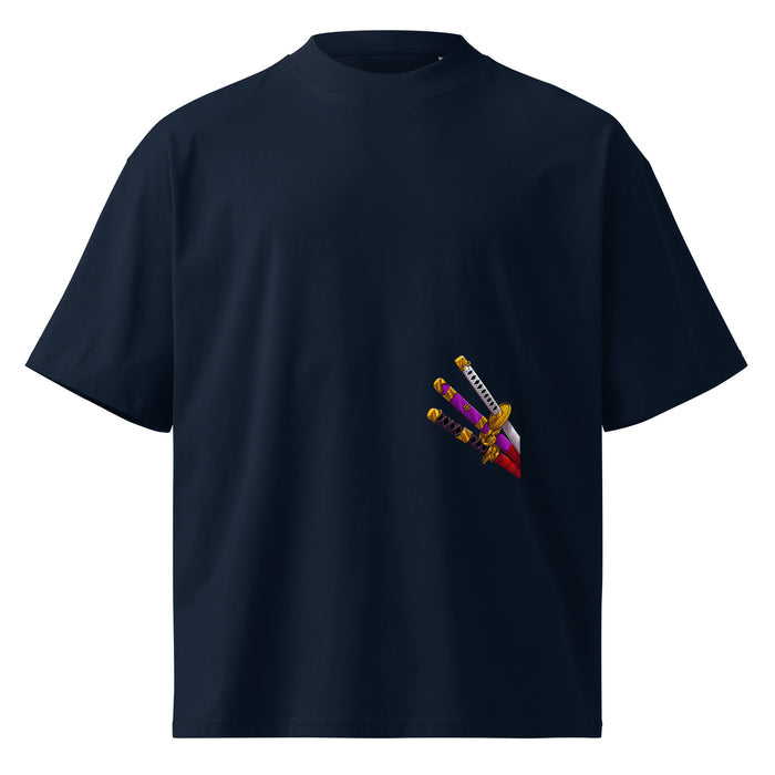 T-shirt col montant guerrier manga bleu marine face - petit détail coloré à la poitrine