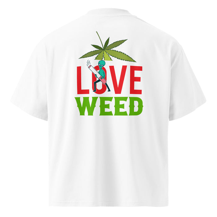 T-shirt col montant Love Weed blanc dos - grand imprimé feuille de cannabis et personnage fumant