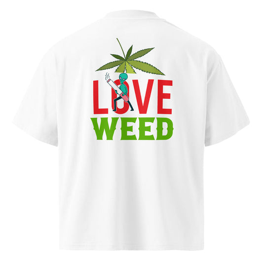 T-shirt col montant Love Weed blanc dos - grand imprimé feuille de cannabis et personnage fumant