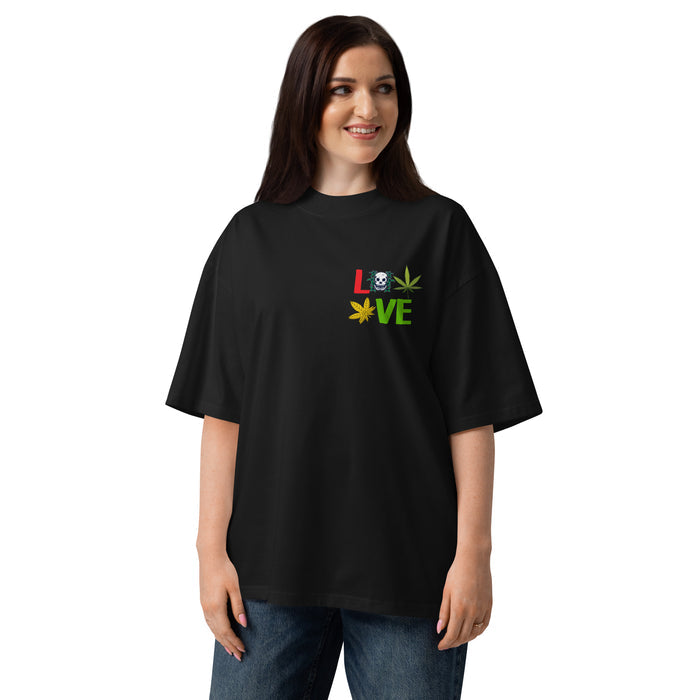 T-shirt col montant Love Weed noir face - petit imprimé feuille de cannabis à la poitrine