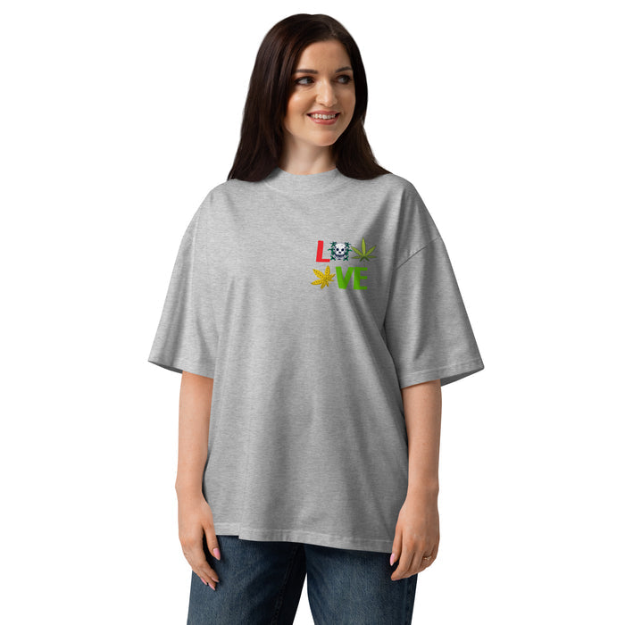 T-shirt col montant Love Weed gris chiné face - petit imprimé feuille de cannabis à la poitrine