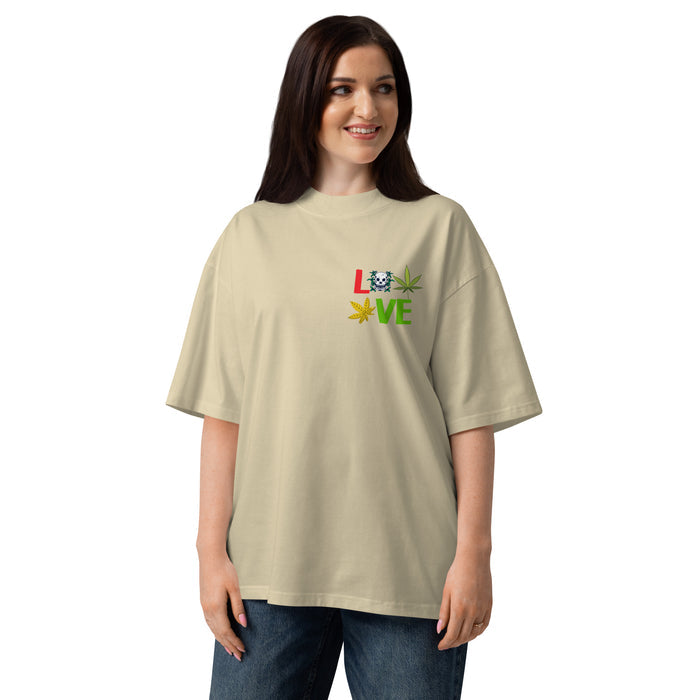 T-shirt col montant Love Weed sable face - broderie feuille de cannabis à la poitrine