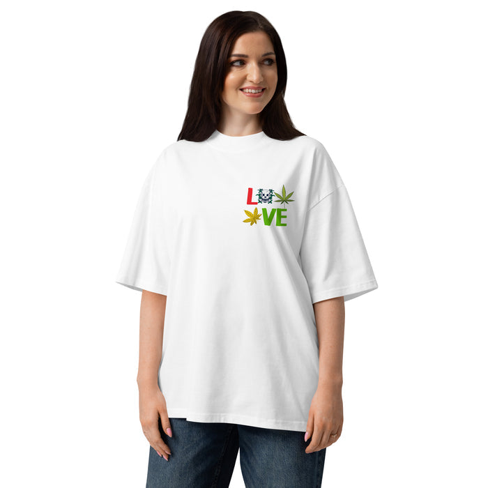 T-shirt col montant Love Weed blanc face - petit imprimé feuille de cannabis à la poitrine