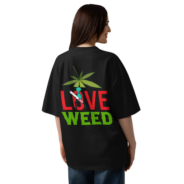 T-shirt col montant Love Weed noir dos - grand imprimé feuille de cannabis et personnage fumant