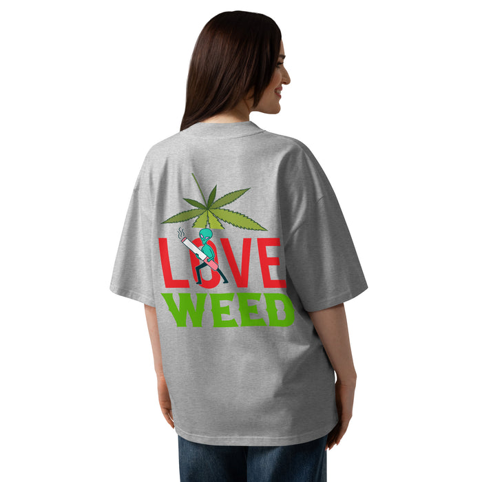 T-shirt col montant Love Weed gris chiné dos - grand imprimé feuille de cannabis et personnage fumant