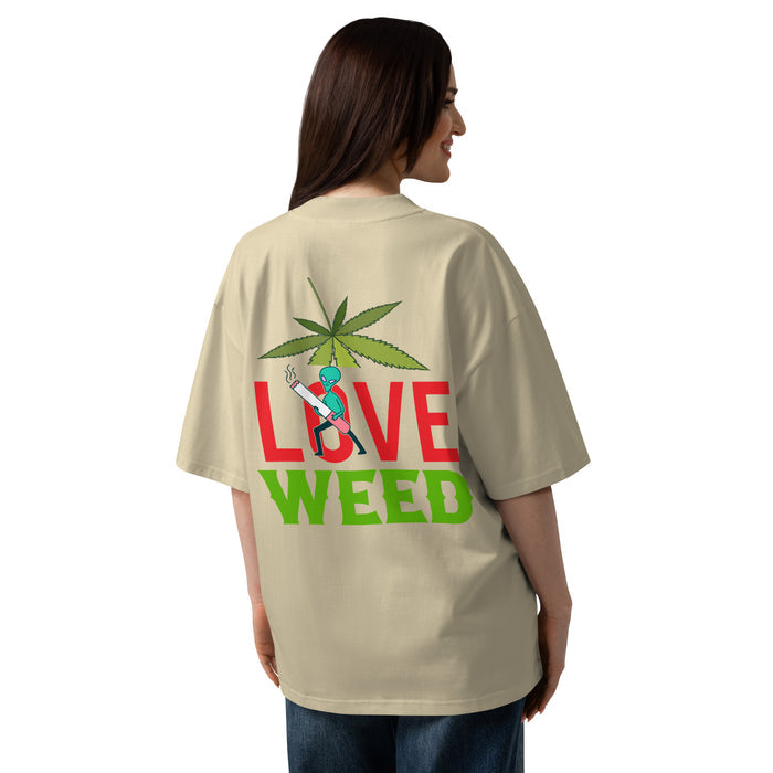 T-shirt col montant Love Weed sable dos - grand imprimé feuille de cannabis et personnage fumant
