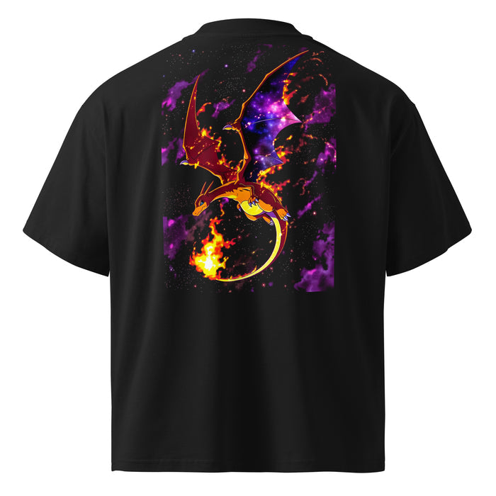 T-shirt col montant oversize Noir dos - grand imprimé dragon de feu façon galaxie au dos