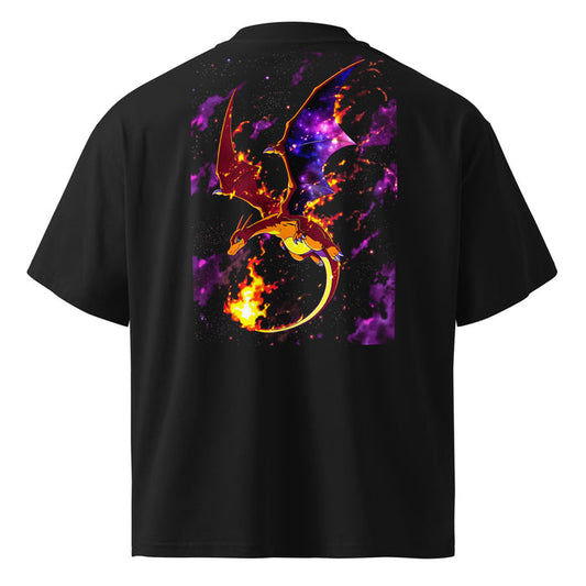 T-shirt col montant oversize Noir dos - grand imprimé dragon de feu façon galaxie au dos